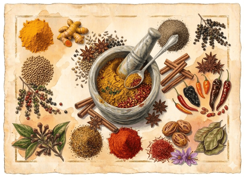 Vrajaspice story โ mortar and pestle with traditional Indian spices