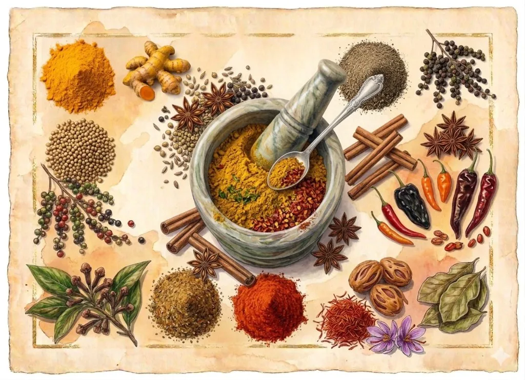 Vrajaspice story โ mortar and pestle with traditional Indian spices